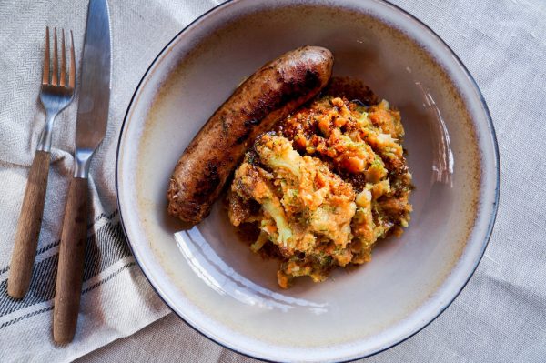 Stamppot met broccoli, zoete aardappel en Baambrugs big venkelworst