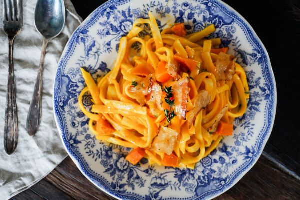 Pasta met pompoen en guanciale